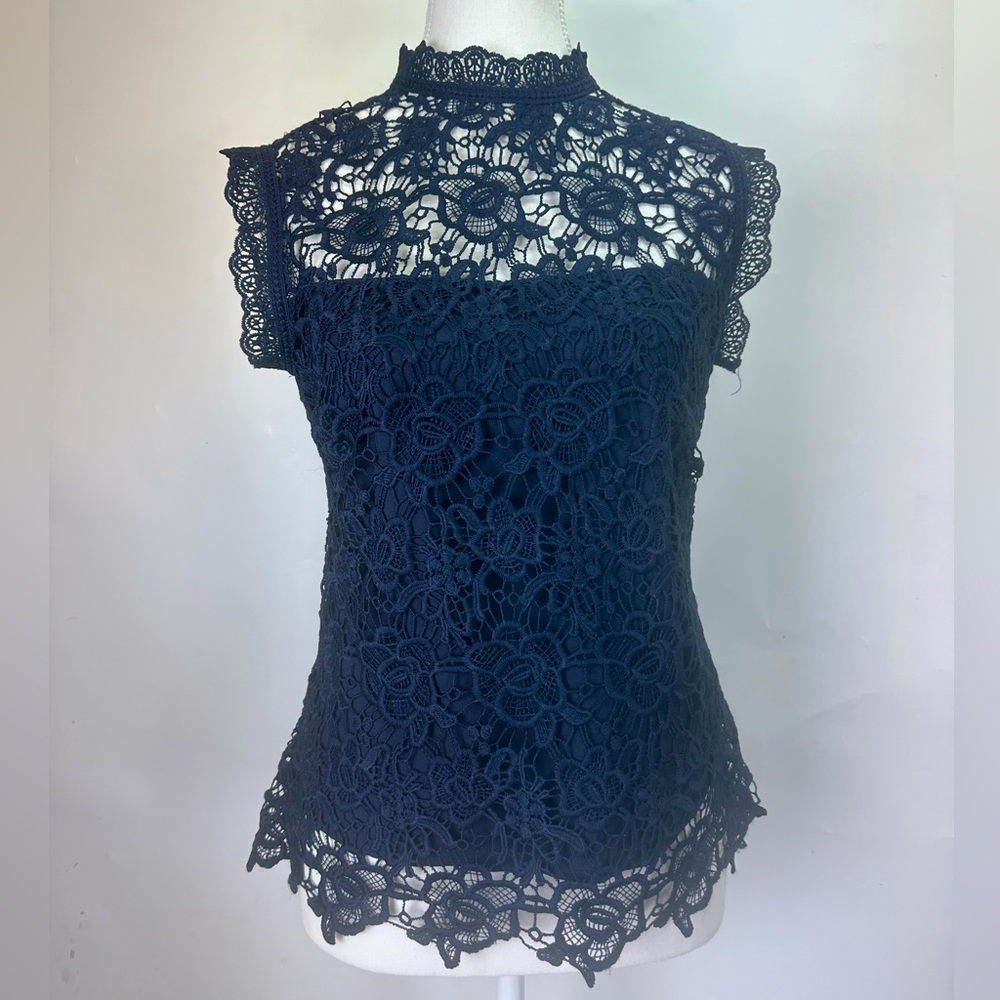 Navy Lace Blouse, hourglass cut, zipper back, Nanette Lepore